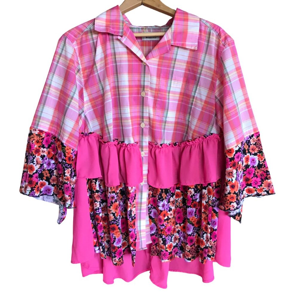 Handmade Upcycled Boho Tunic, Pink Ruffled Patchwork Top Size Large - Picture 4 of 13